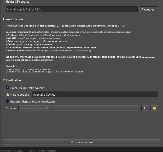 Onglet Import CSV : format attendu, colonnes reconnues et choix de la couche de destination