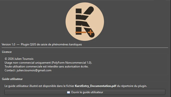 Onglet Info : version, licence et bouton d'ouverture du guide utilisateur PDF