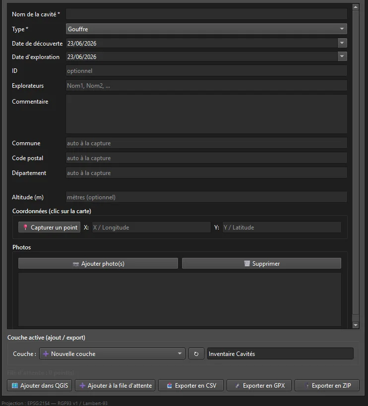 Formulaire de saisie Karst Entry dans QGIS : nom, type, dates, commune auto, photos